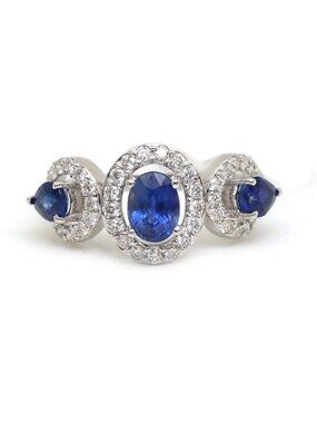 Triple Blue Sapphire 14K White Gold (18K Custom) Diamond Halo Ring